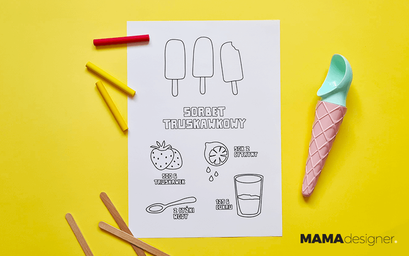 Kolorowanka z przepisem na sorbet truskawkowy umieszczona na żółtym tle.