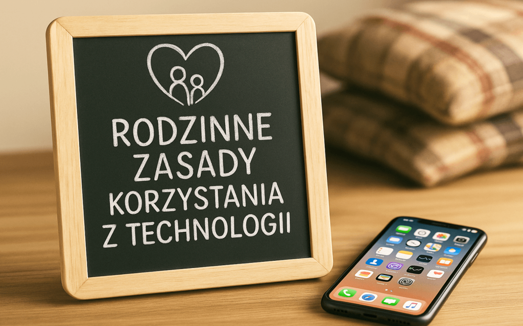 Czarna, kwadratowa tablica w drewnianej ramce z napisem "Rodzinne zasady korzystania z technologii". Obok telefon z ikonkami aplikacji na wyświetlaczu. W tle poduszki w kratę. Zdjęcie wygenerowane z użyciem Sztucznej Inteligencji