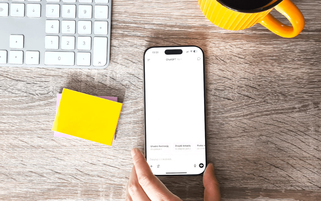 Telefon z wyświetloną aplikacją ChatGPT leżący na blacie biurka. Obok żółty kubek z herbatą, klawiatura komputerowa i karteczki typu PostIt.