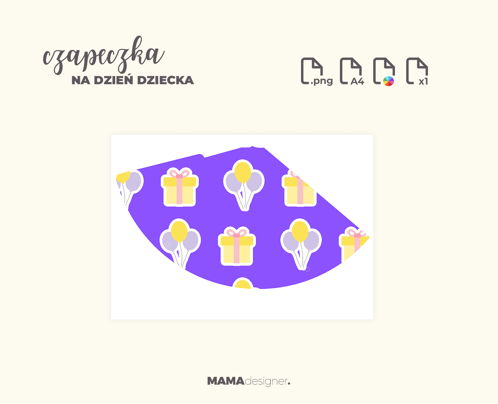Podgląd grafik oraz szczegółów wydruku czapeczki na dzień dziecka.