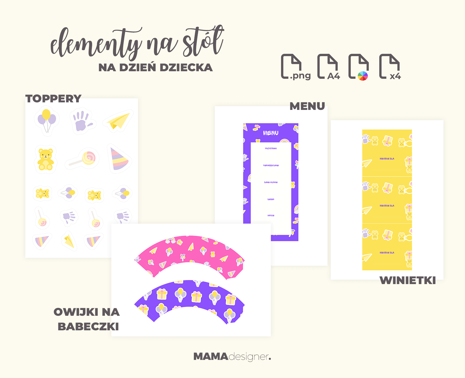 Podgląd grafik oraz szczegółów wydruku elementów na stół (topperów, owijek na muffinki, menu oraz winietek) na dzień dziecka.