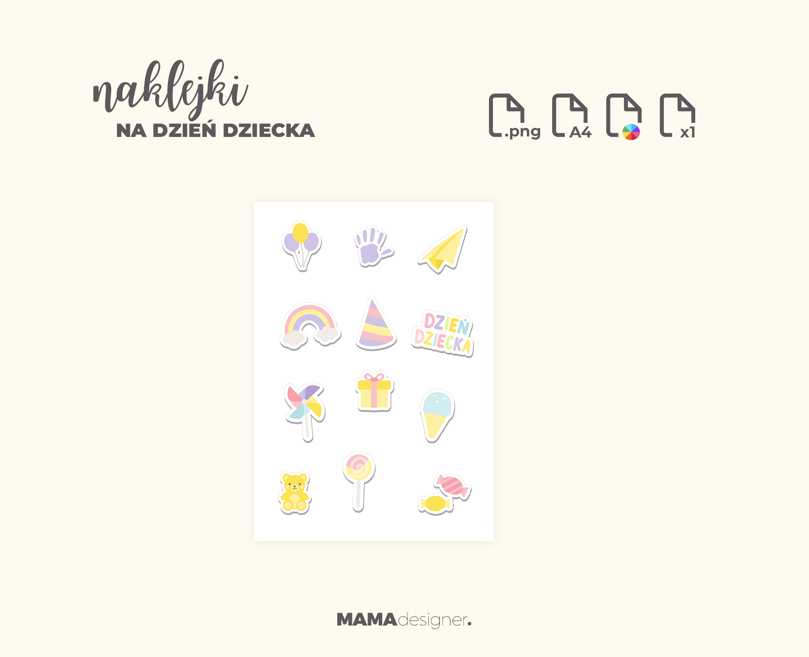 Podgląd grafik oraz szczegółów wydruku naklejek na dzień dziecka.