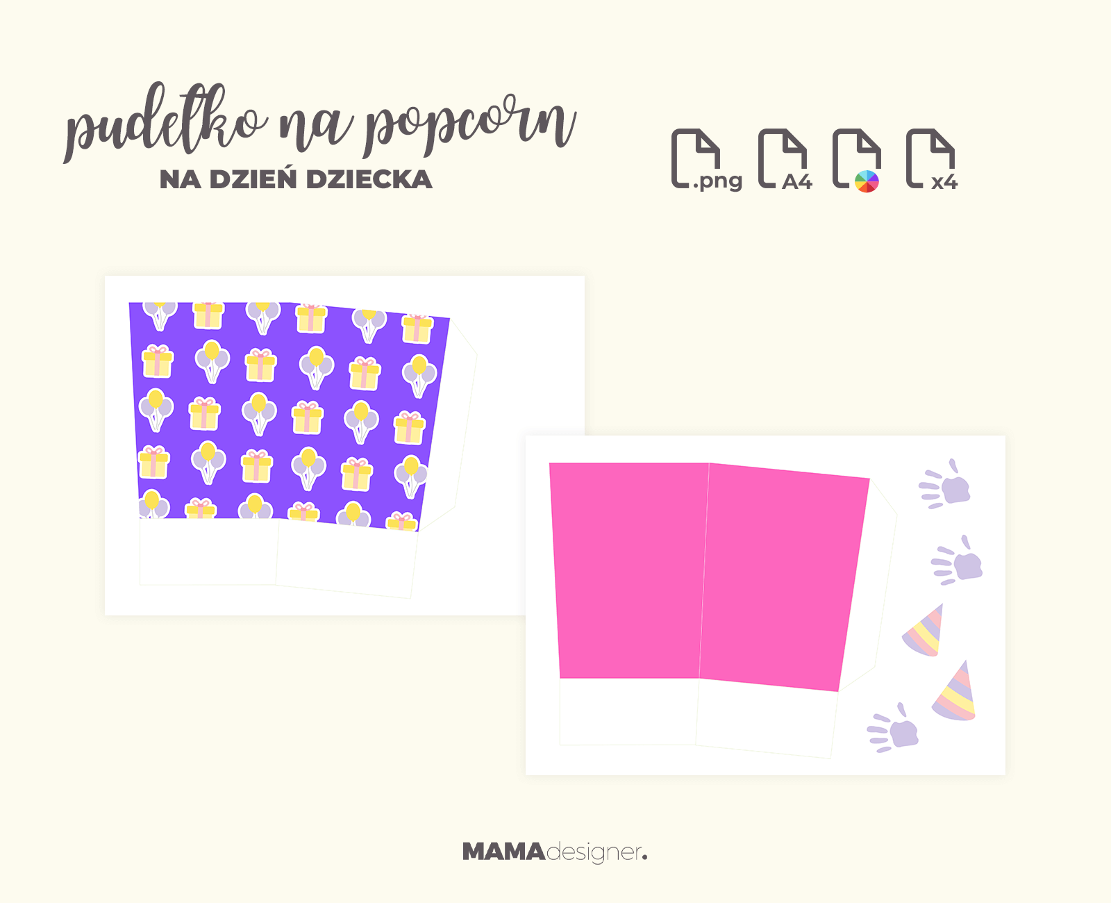 Podgląd grafik oraz szczegółów wydruku pudełek na popcorn na dzień dziecka (dwa wzory).