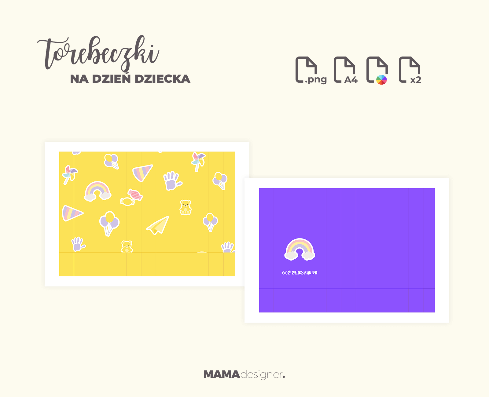 Podgląd grafik oraz szczegółów wydruku torebeczek na cukierki na dzień dziecka (dwa wzory).