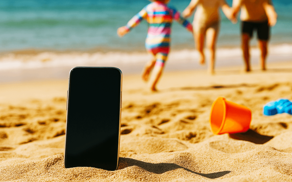 Plaża. Wyłączony telefon komórkowy pozostawiony na plaży jako synonim higieny cyfrowej i dobrostanu cyfrowego. W tle rodzina bawiąca się wspólnie nad morzem. Obraz wygenerowany przy pomocy Sztucznej Inteligencji.