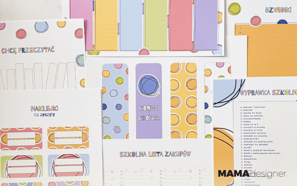 Kolorowe kropkowe pomoce organizacyjne do druku - plan lekcji, dzwonki, zakładki do książek, wyprawka szkolna, listy zakupowe, naklejki na zeszyty, lista lektur, darmowe grafiki szkolne 2025