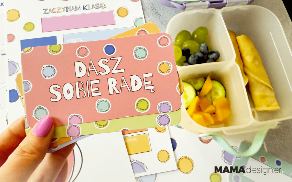 Kolorowe kropkowe grafiki szkolne do druku - liściki do śniadaniówki