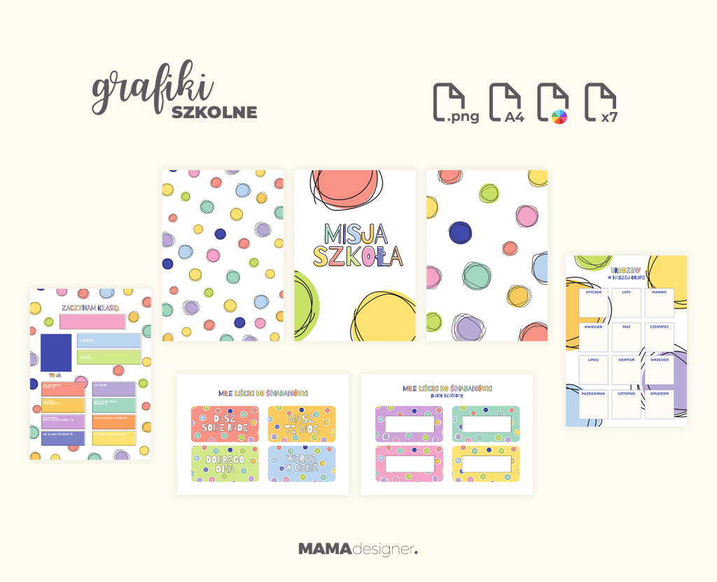Podgląd zestawu darmowych kropkowych grafik szkolnych 2025 - plakaty, metryczka, liściki do śniadaniówki, klasowe urodziny