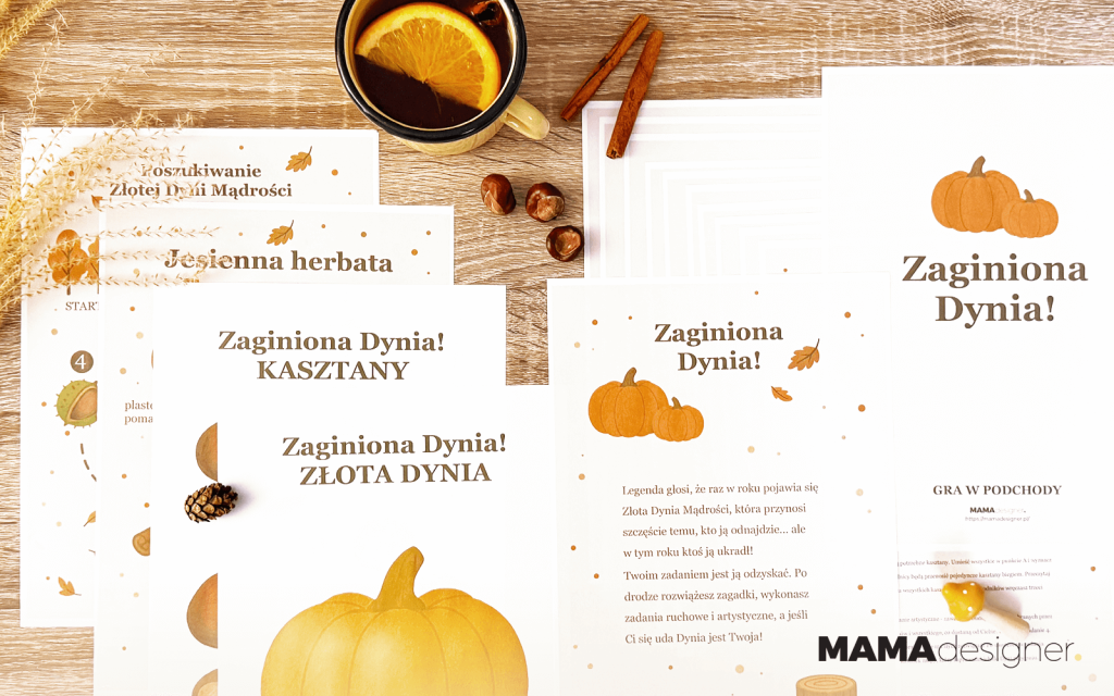 Karty do gry Zaginiona Dynia - jesienna zabawa terenowa z zadaniami i mapą, ilustracje z dynią, kasztanami i herbatą