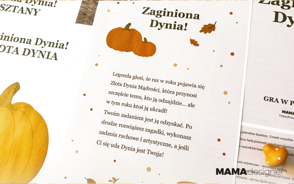 Wstęp do gry terenowej Zaginiona Dynia - karta z opowieścią o Złotej Dyni Mądrości i zadaniu do wykonania