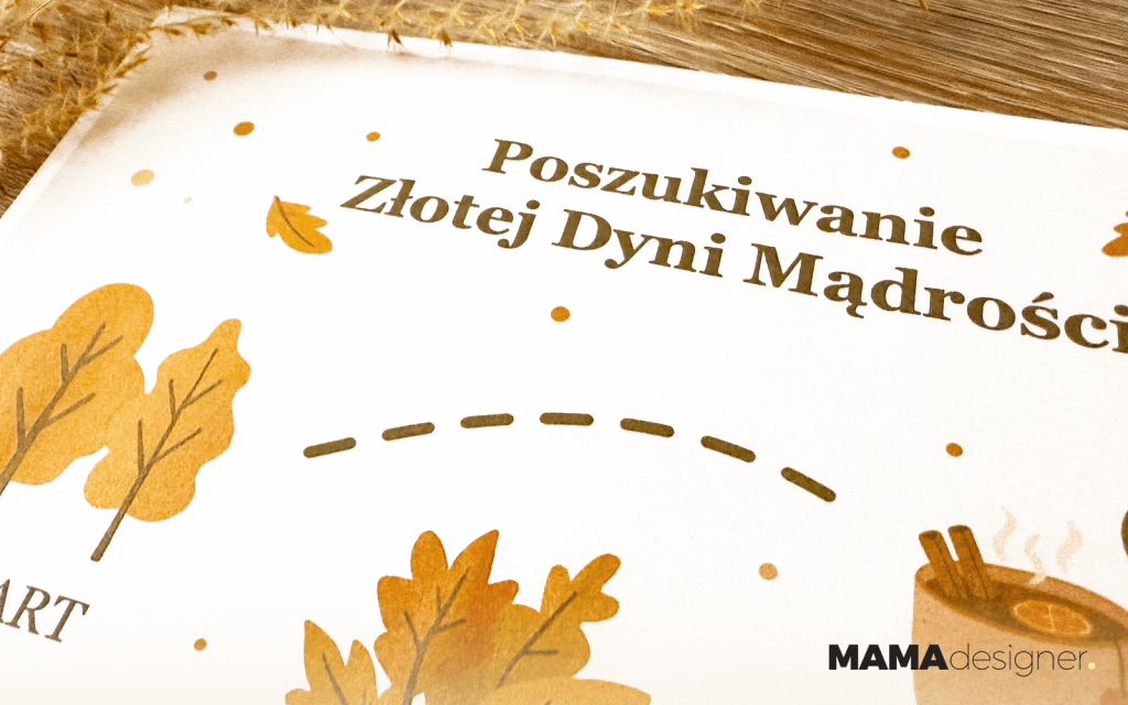 Karta z napisem Poszukiwanie Złotej Dyni Mądrości - fragment jesiennej trasy gry w podchody do druku