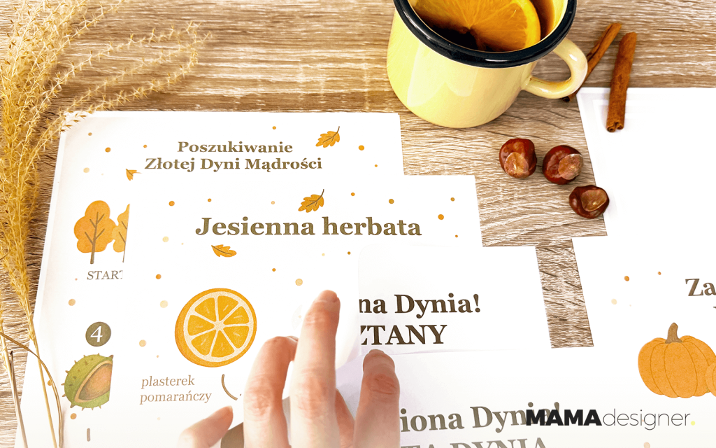 Jesienna herbata i karty do gry w podchody Zaginiona Dynia - karty z zadaniami i dekoracjami w tle