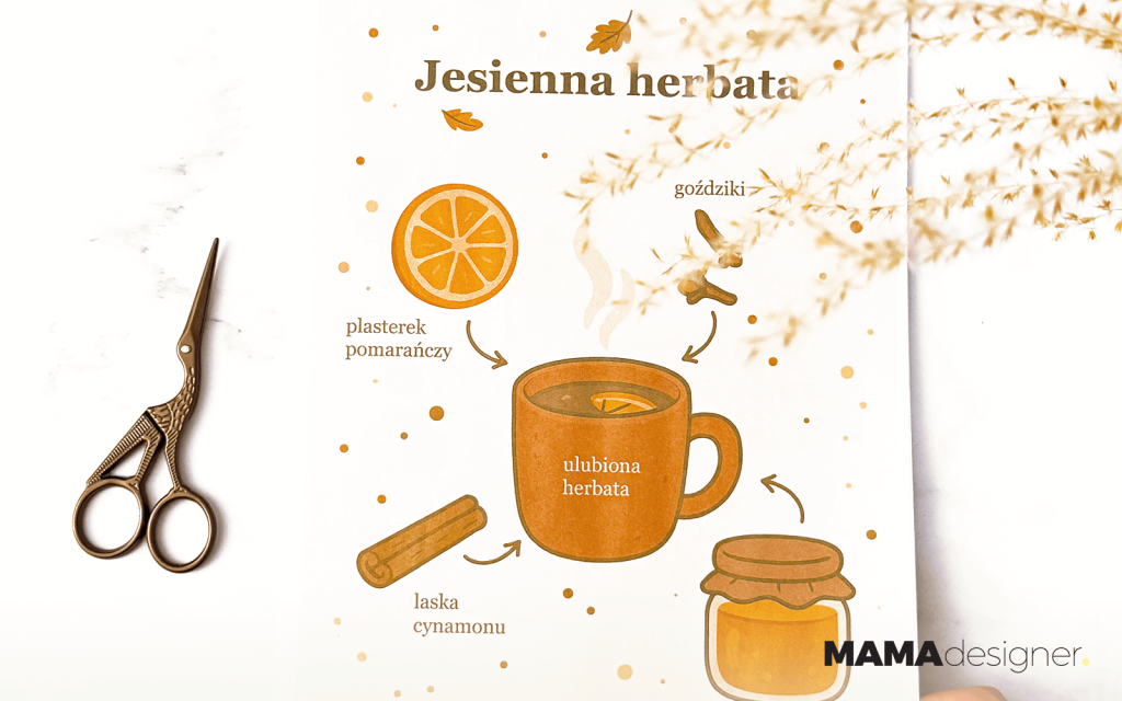 Karta z przepisem na jesienną herbatę - jesienne podchody do druku