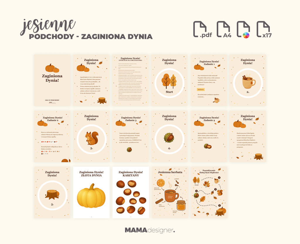 Podgląd zestawu gry Zaginiona Dynia do druku - 17 kart A4 z zadaniami, trasą i kartami dekoracyjnymi w jesiennej stylistyce