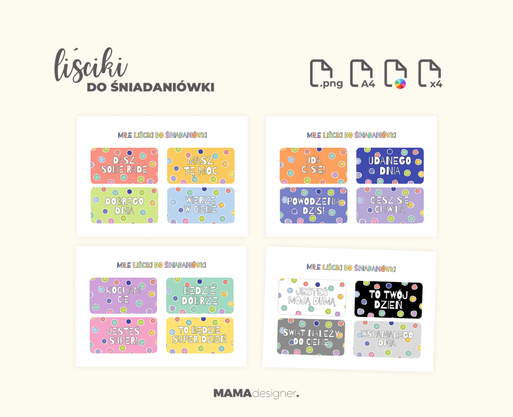 Podgląd zestawu darmowych kropkowych liścików do śniadaniówki.