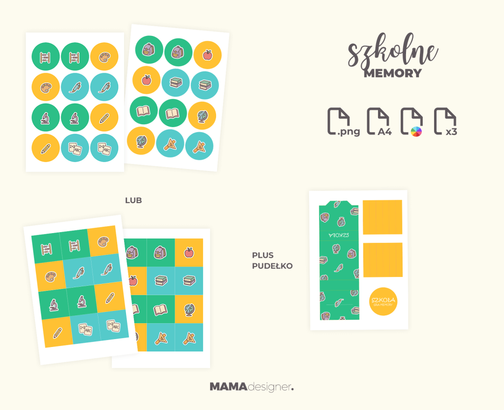 Podgląd zestawu do druku szkolnej gry memory - wersja kwadratowa i okrągła kart oraz pudełko do samodzielnego złożenia