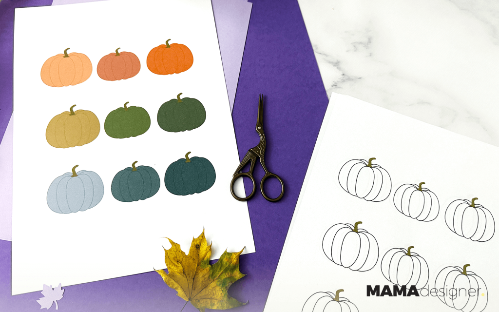 Plakat z 9 kolorowymi dyniami i fragment kolorowanki.