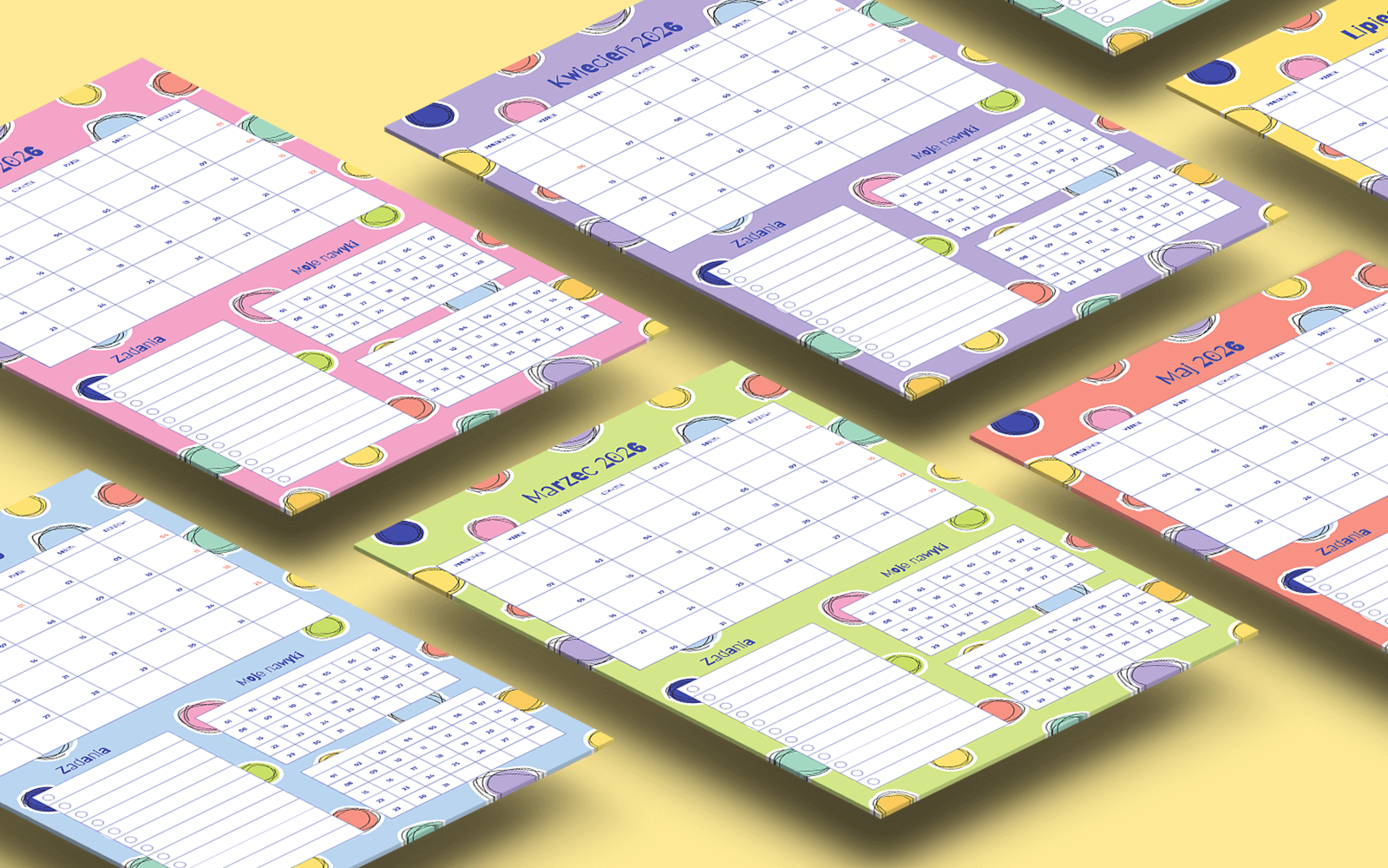 Wizualizacja z kartkami z kalendarza na 2026 rok w rzucie izometrycznym.