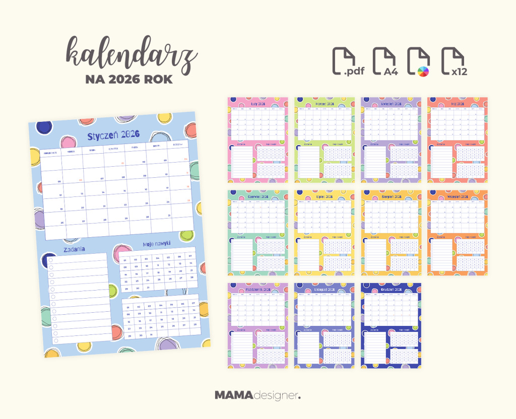 Podgląd i szczegóły wydruku kalendarza na 2026 rok - plik .pdf, A4, kolor, 12 stron.