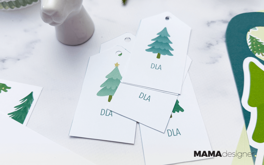 Etykietki na prezenty z ilustracjami choinek - 6 różnych wzorów.