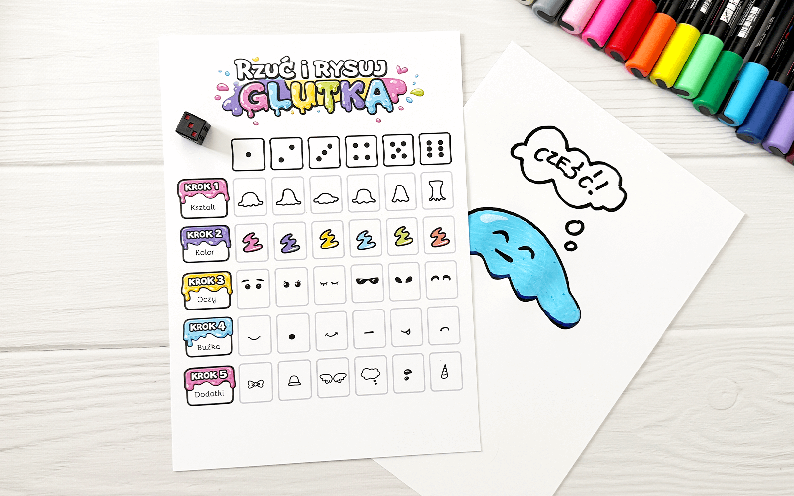 Gra „Rzuć i rysuj - glutka” - kreatywna karta pracy do druku z elementami do losowania kostką.