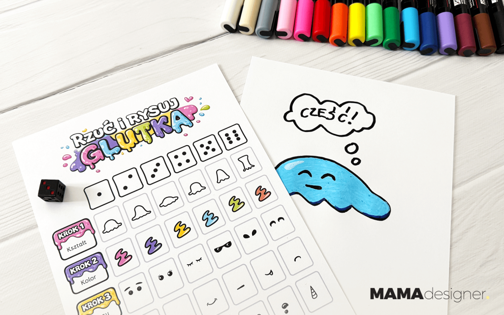 Gra „Rzuć i rysuj - glutka” - kreatywna karta pracy do druku z elementami do losowania kostką. Zbliżenie na szczegóły karty i rysunek, który powstał z jej pomocą.