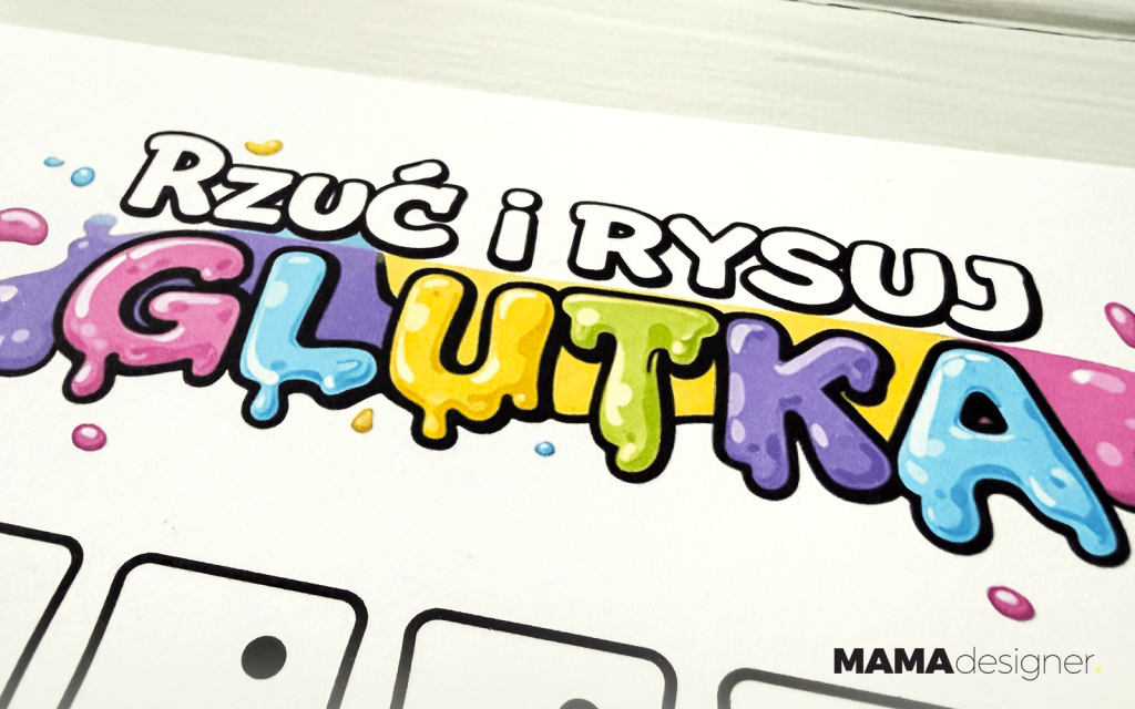 Gra „Rzuć i rysuj - glutka” - kreatywna karta pracy do druku z elementami do losowania kostką. Zbliżenie na tytuł "Rzuć i Rysuj Glutka".