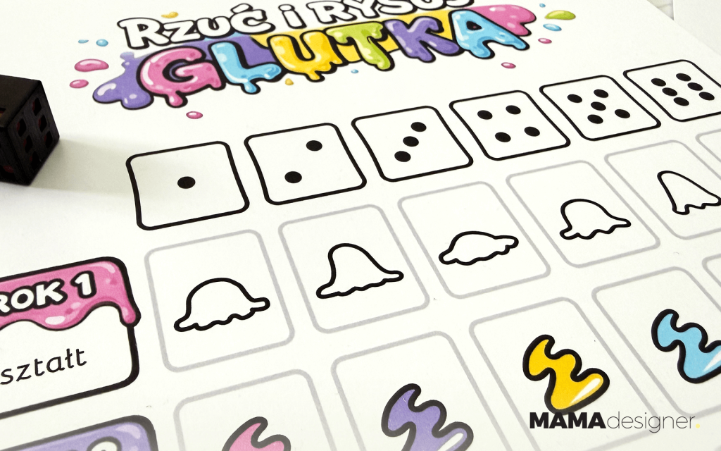 Gra „Rzuć i rysuj - glutka” - kreatywna karta pracy do druku z elementami do losowania kostką. Zbliżenie na kształty glutków.