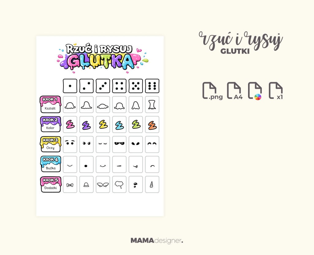 Podgląd wydruku gry turlanki z glutkami - plik png, format A4, kolor.