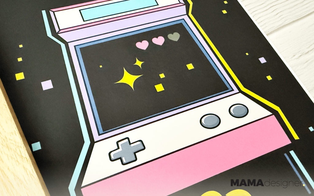 Retro gamingowy zestaw plakatów - zbliżenie na plakat "Insert coin" z automatem do gier.