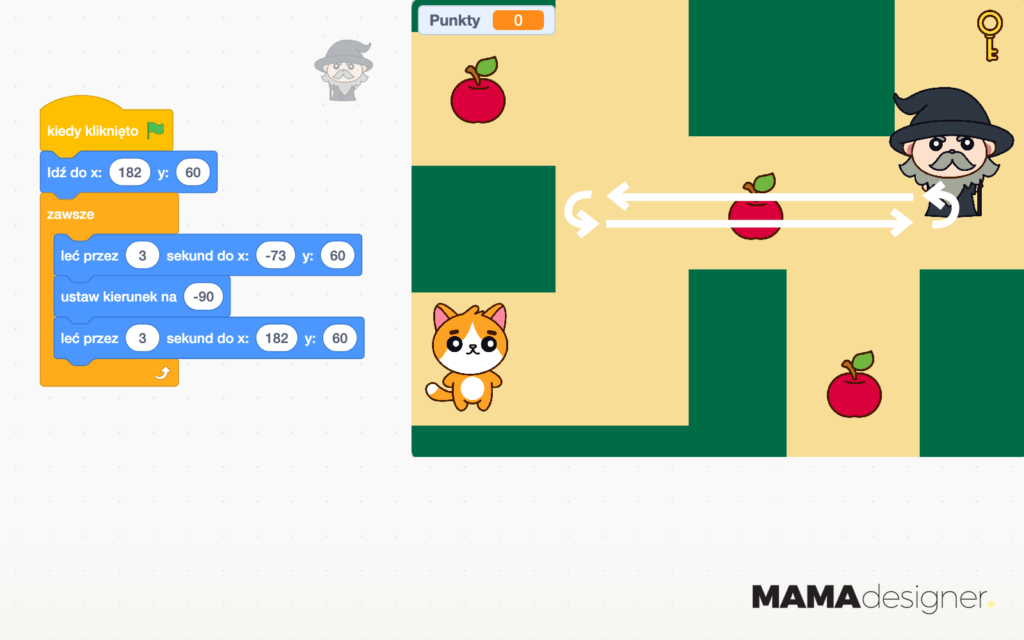 Skrypt ruchu przeciwnika w Scratch z użyciem pętli zawsze.