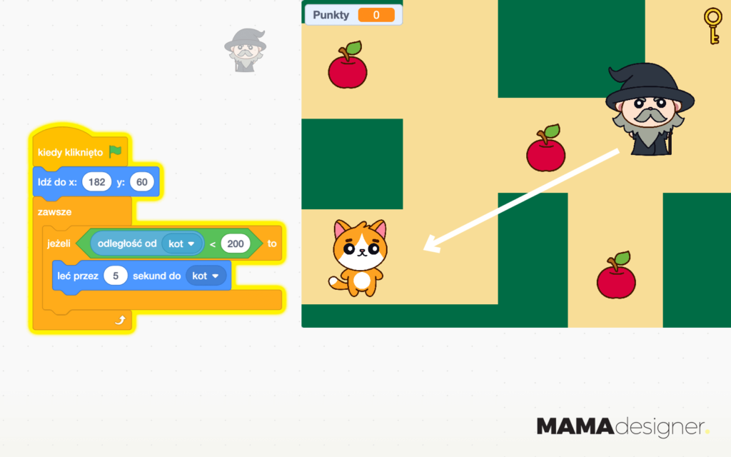 Skrypt ruchu przeciwnika w Scratch z użyciem pętli zawsze oraz warunku jeżeli, to.