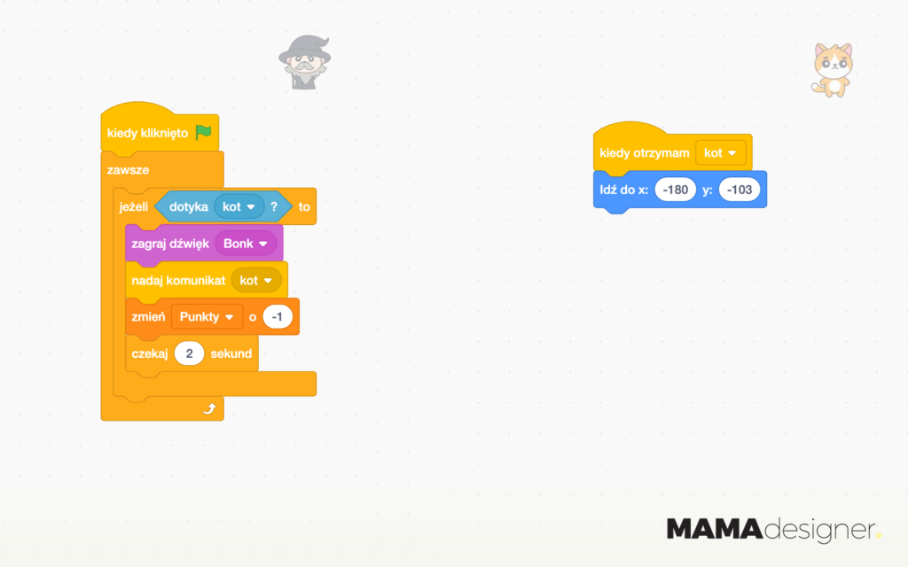 Przykład użycia zmiennej Punkty w Scratch oraz warunek dotykania duszka w Scratch.