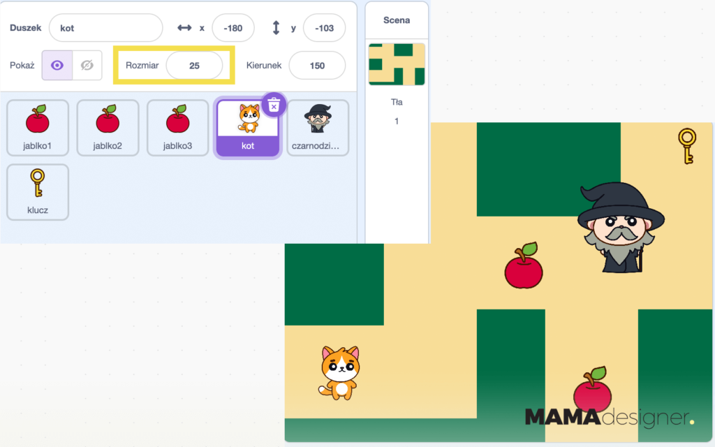 Gra w Scratch - labirynt z kotkiem i przeciwnikiem.