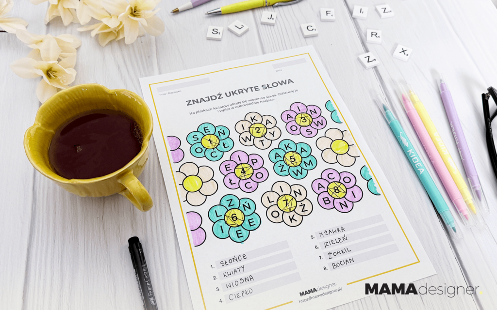 wiosenna wykreślanka dla dzieci karta pracy do druku A4 - pokolorowana