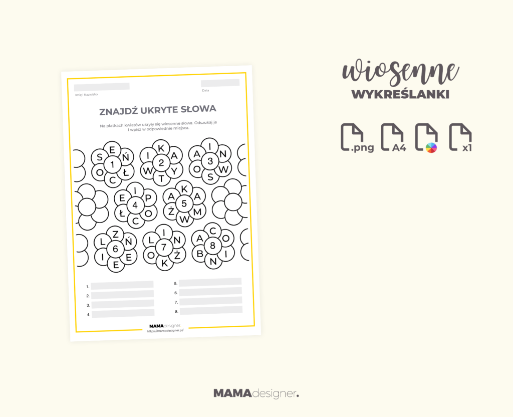 Podgląd pliku do druku z wiosennymi wykreślankami.