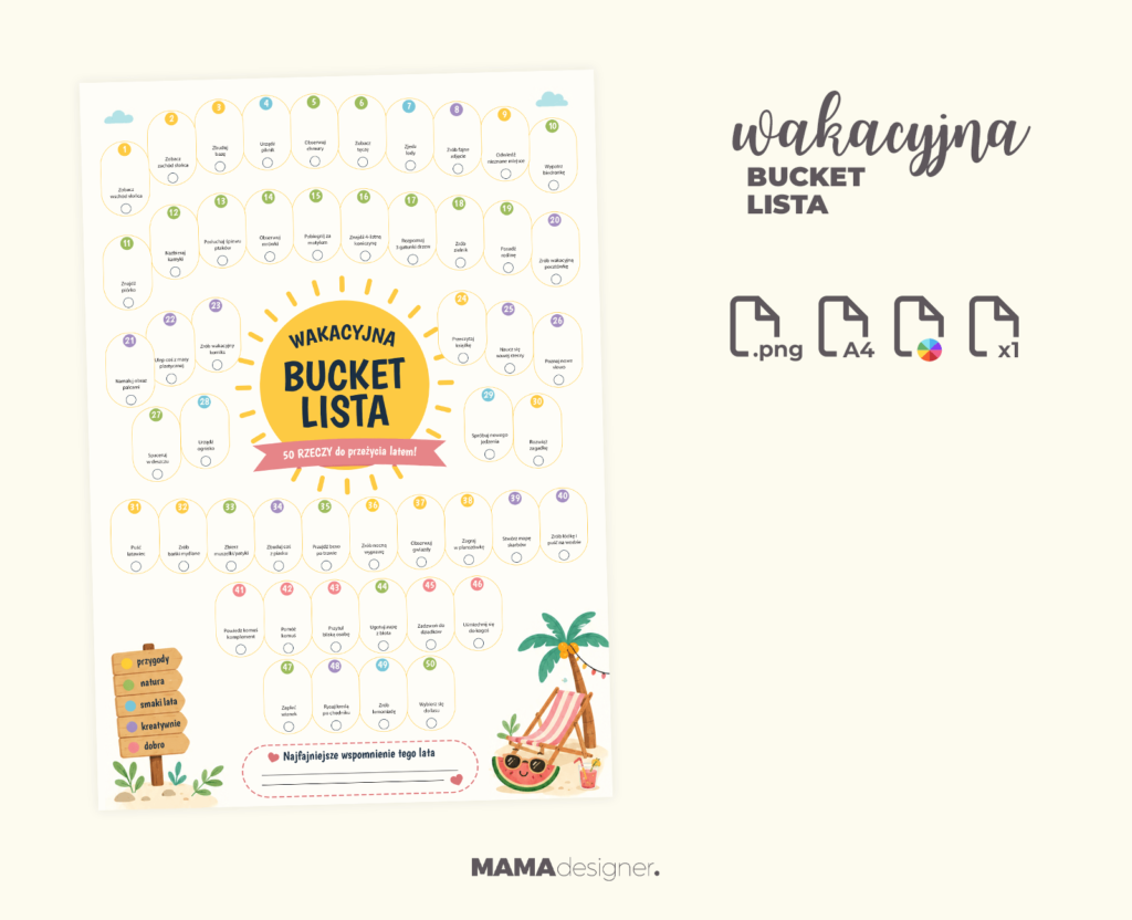 Wakacyjna Bucket Lista dla dzieci do druku z 50 letnimi aktywnościami - szczegóły wydruku.
