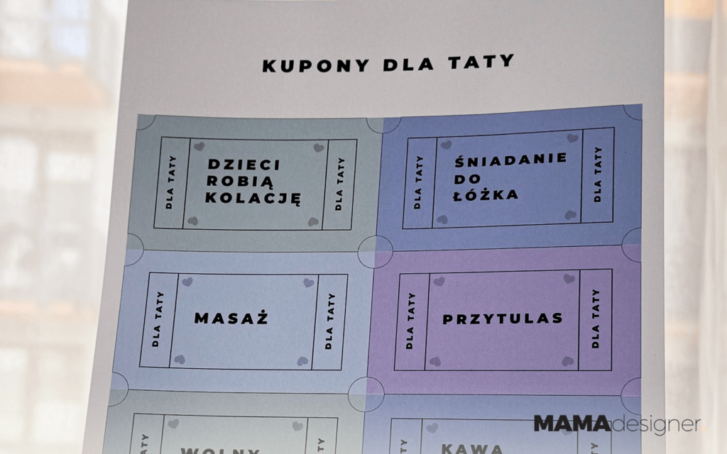 Kolorowe kupony dla taty do druku - darmowy prezent DIY od dziecka - zbliżenie na cztery pierwsze kupony.