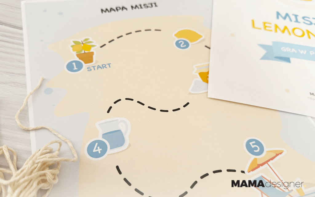 Karty do gry Misja Lemoniada - letnia zabawa terenowa z zadaniami i mapą, ilustracje z lemoniadą, cytryną i plażą - mapa przygody