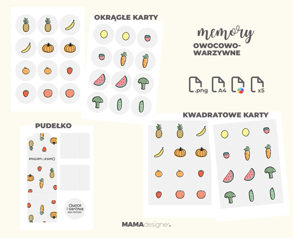 Podgląd zestawu do druku dla owocowo-warzywnego memory - wersja kwadratowa i okrągła kart oraz pudełko do samodzielnego złożenia