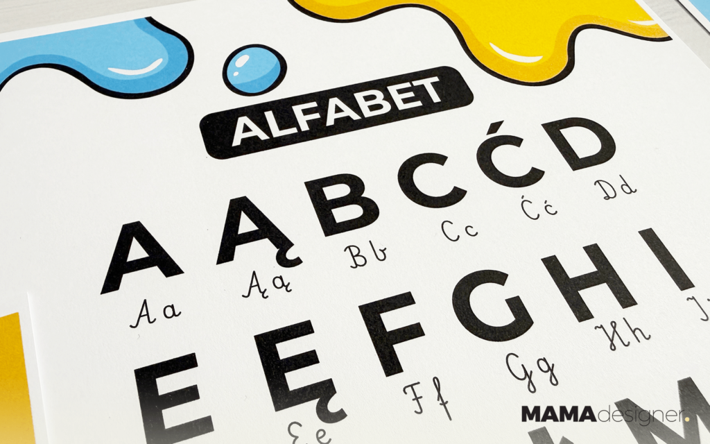 Plansze edukacyjne dla dzieci do druku - zbliżenie na alfabet.