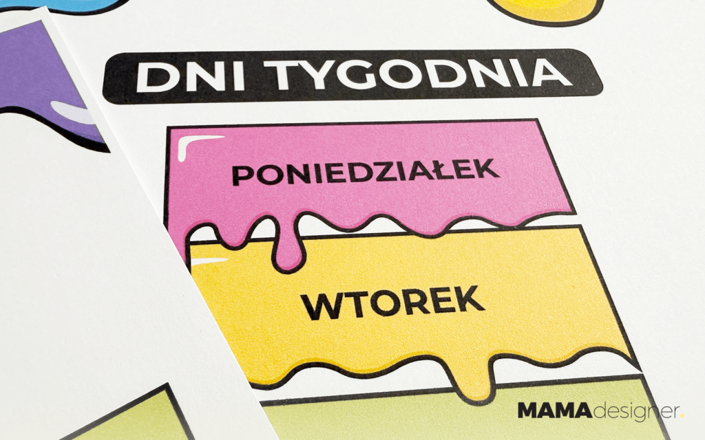 Plansze edukacyjne dla dzieci do druku - zbliżenie na nazwy dni.
