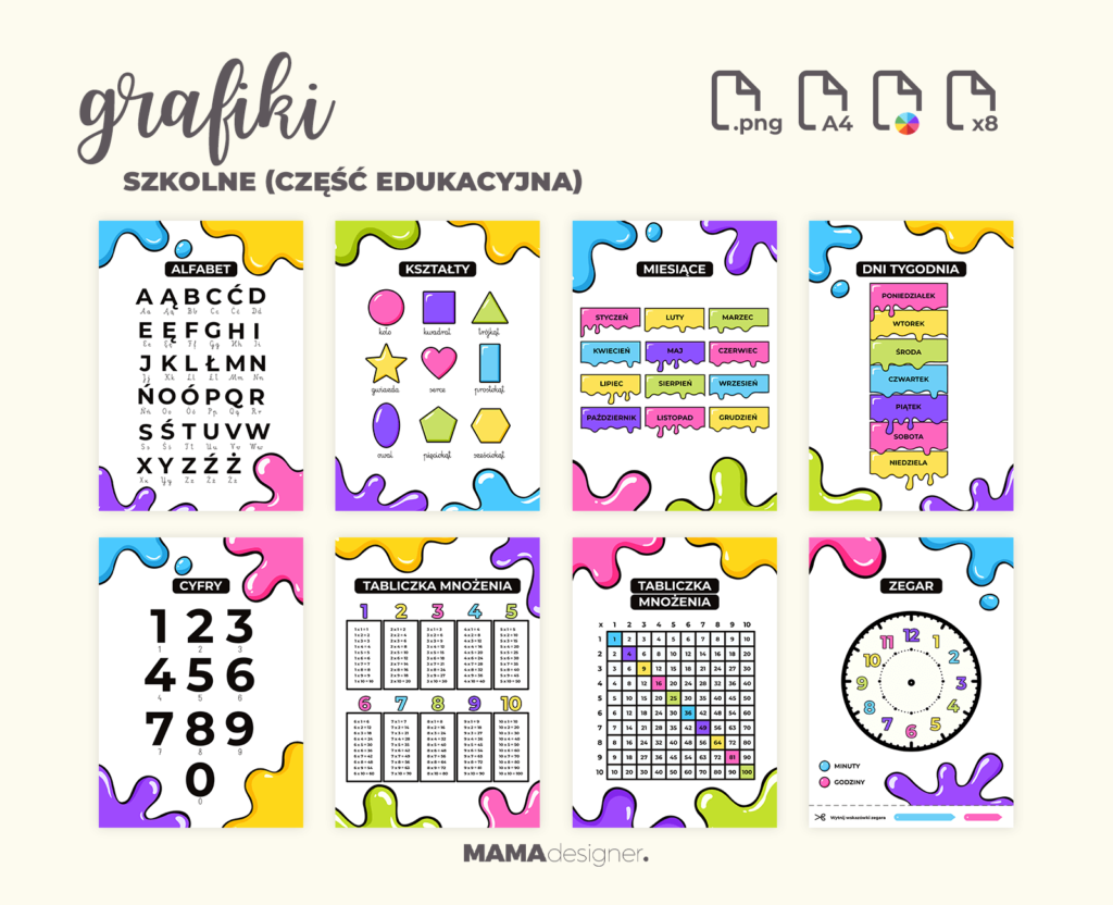 Podgląd zestawu do druku dla grafik szkolnych (część edukacyjna).