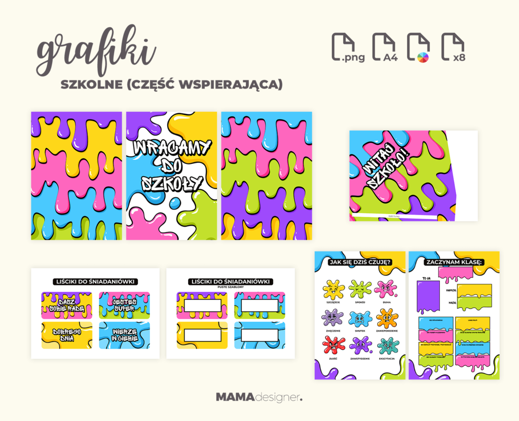 Podgląd zestawu do druku dla grafik szkolnych (część wspierająca emocje).