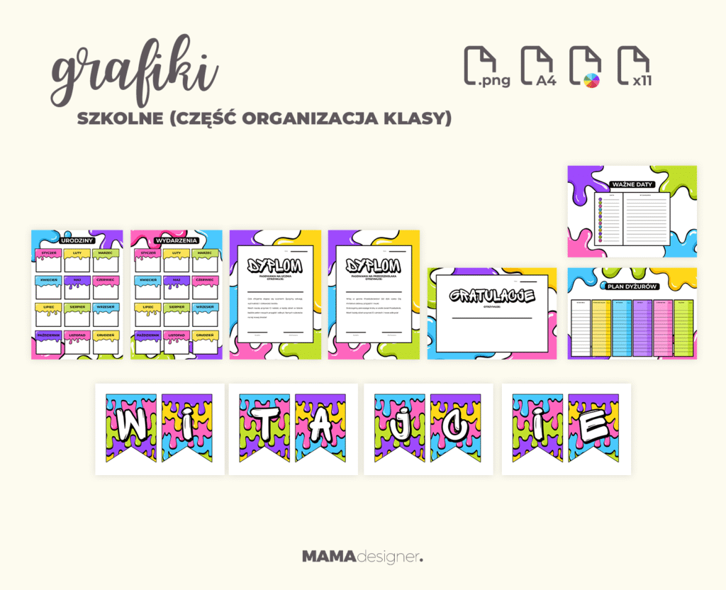 Podgląd zestawu do druku dla grafik szkolnych (część organizująca życie klasowe).