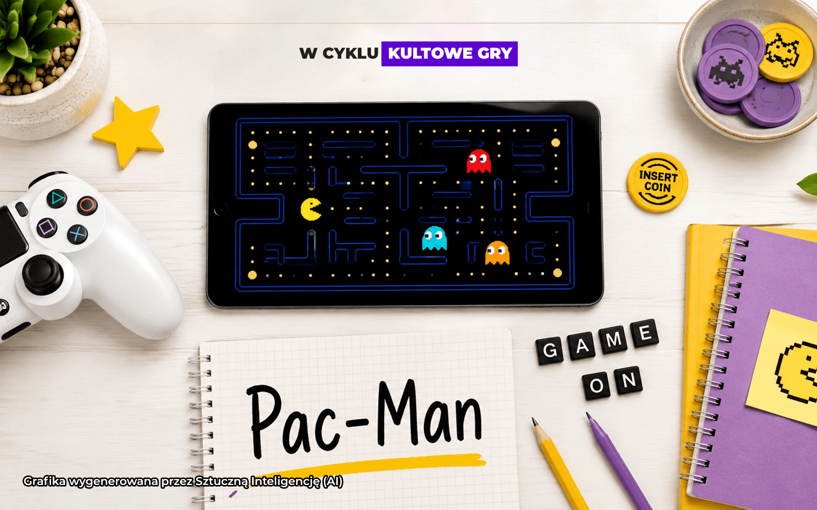 Telefon z wizualizacją ekranu gry Pac-Man.
