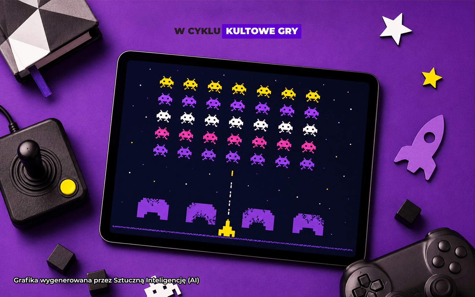 Tablet z wizualizacją gry Space Invaders.