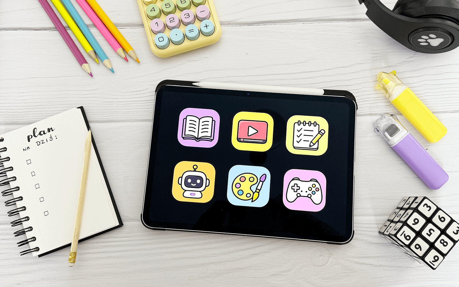 Tablet wykorzystywany do nauki w nowym roku szkolnym, otoczony przyborami szkolnymi.