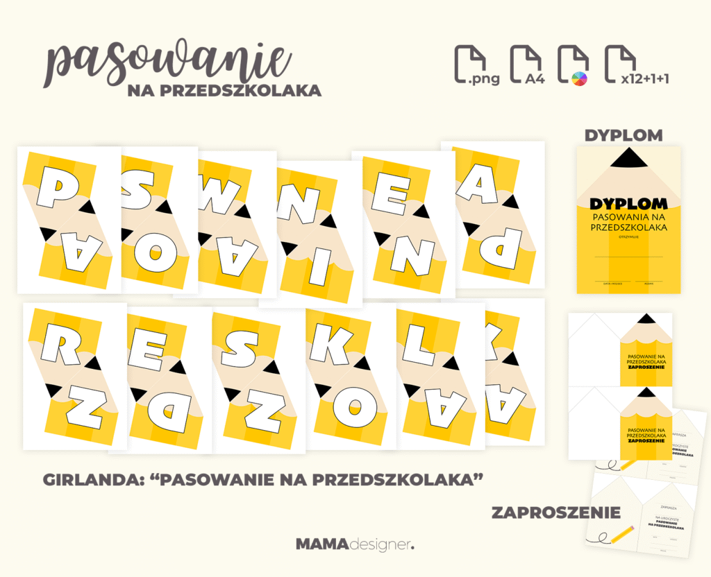 Podgląd zestawu do druku dla oprawy pasowania na przedszkolaka - girlanda, dyplom i zaproszenie.